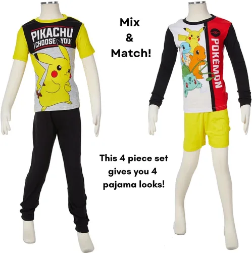 Vista 8 de Pokemon Conjunto de pijamas, ropa de dormir de 4 piezas para niños, tallas 4 a 10, Multi