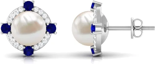 Vista 7 de Mother's Day Gifts for Mom, Pearl Halo Stud Earrings for Women, 7MM Freshwater Pearl, 925 Sterling Silver White Pearl Earrings with Blue Sapphire