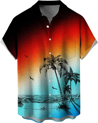 Vista 10 de Camisas tropicales con botones para hombre, camisas hawaianas de manga corta, casuales para vacaciones, camisas de playa holgadas Beige-playa escena