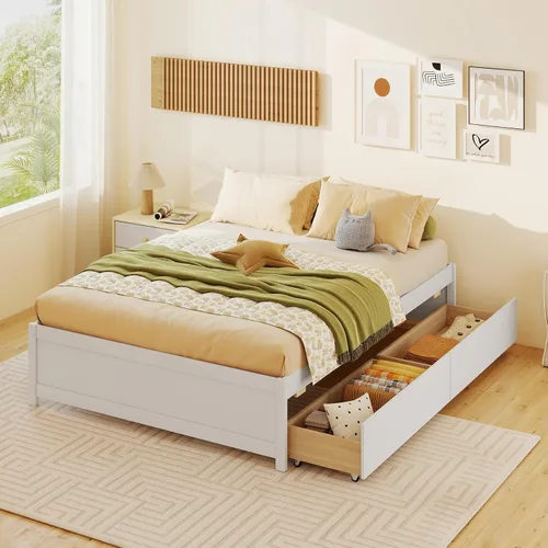 Vista 13 de KOMFOTT Base de cama de plataforma de madera de tamaño individual con 2 cajones de almacenamiento, plataforma de madera con soporte de tablillas