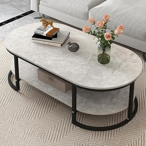 Vista 8 de HM&DX Mesa auxiliar moderna de mármol sintético, mesa de cóctel ovalada de 2 niveles con almacenamiento, mesas centrales de madera minimalista