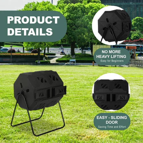 Vista 3 de Contenedor de compostaje para exteriores, doble cámara, capacidad de 43 galones, sin BPA, giratorio por lotes, con puertas correderas, compostador