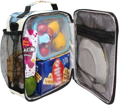 Vista 4 de Pfrewn Lonchera de dinosaurio, alfabetos con dinosaurios, bolsa de almuerzo aislada, reutilizable, enfriadora, bolsas de preparación de comidas