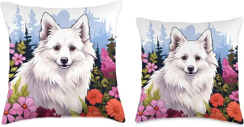 Vista 3 de American Eskimo Dog Gifts by J Lindo perro esquimal americano en primavera, prado de flores, arte de la naturaleza, 16 x 16 pulgadas, multicolor