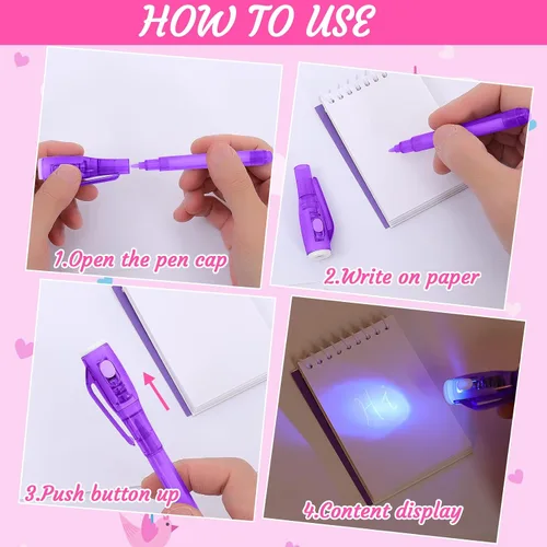 Vista 4 de 12 bolígrafos de tinta invisible y mini cuaderno, bolígrafo espía con luz UV para niños, bolígrafos de tinta que desaparecen para escribir mensajes