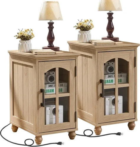 Vista 15 de Mesa auxiliar estrecha, mesita de noche estilo granja con estación de carga, mesa auxiliar de madera con puerta de granero de vidrio y Azul