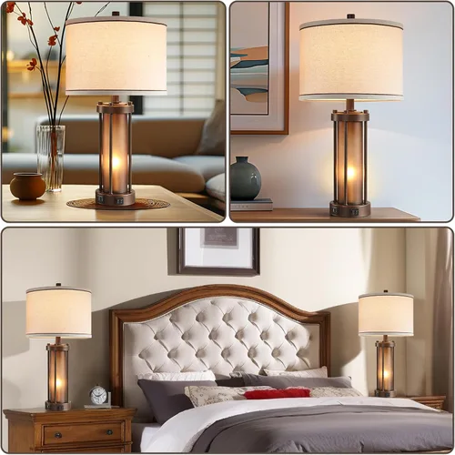 Vista 4 de Juego de 2 lámparas de mesa de estilo granja para sala de estar con 2 puertos de carga USB, lámparas rústicas vintage para mesita de noche con luz