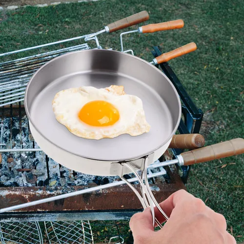 Vista 6 de Sartén pequeña para acampar, sartén portátil de acero inoxidable de 5.8 pulgadas para cocinar al aire libre con mango plegable, mini sartén