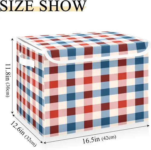 Vista 3 de Ollabaky Caja de almacenamiento plegable patriótica del 4 de julio a cuadros más grande de tela, caja de almacenamiento decorativa, organizador