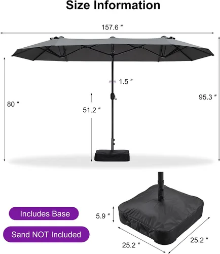 Vista 146 de PURPLE LEAF - Sombrilla de mercado de patio de 13 pies con base rectangular doble cara, sombrilla de mesa para exteriores con manivela, 12 varillas