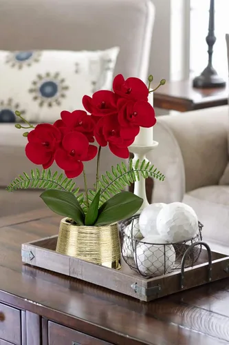 Vista 4 de Orquídeas blancas artificiales en maceta dorada, orquídea Phalaenopsis falsa, orquídea Bonsia sintética, centro de mesa para mesa de comedor