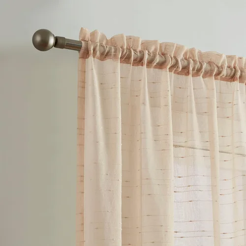 Vista 3 de Warm Home Designs Cortinas de lujo para sala de estar de 63 pulgadas de largo. Cortinas transparentes de lino con patrón de rayas punteadas.