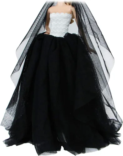 Vista 2 de Ropa de muñeca de 11.5 pulgadas Vestido de novia blanco y negro con velo