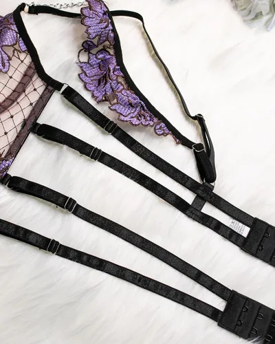 Vista 9 de Sheis beauty Purple Sexy Lace Garter Lingerie Set with Removable Choker Teddy Babydoll Strappy Bra and Panty Set