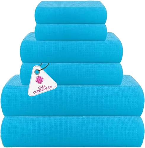 Vista 129 de CASA COPENHAGEN Exotic - Juego de 6 toallas de diseño de 100% algodón egipcio, color azul aguamarina, 550 GSM, 2 toallas de baño, 2 toallas de baño