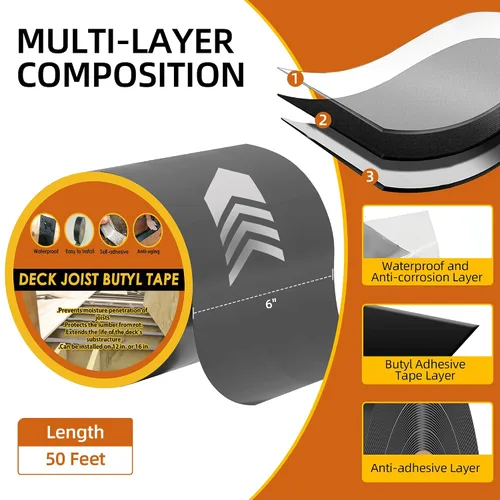 Vista 2 de Cinta de vigueta de cubierta de butilo 6" x 50' 1 paquete Cinta adhesiva impermeable intermitente, resistente a la intemperie, protege vigas