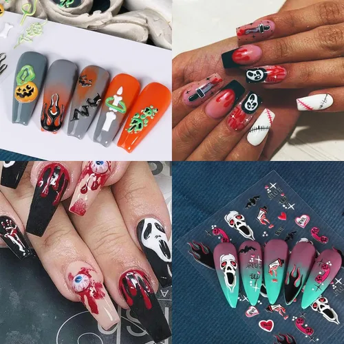 Vista 3 de Calcomanías de uñas de Halloween con diseños atractivos, 5D en relieve autoadhesivas, calcomanías de arte de uñas de Halloween, calavera, fantasma