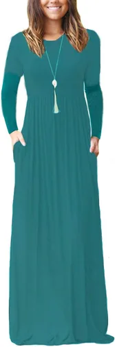 Vista 16 de GRECERELLE Vestido largo de manga larga para mujer, casual, cuello redondo, holgado, sólido floral, maxi largo con bolsillos, S-3XL A-Negro