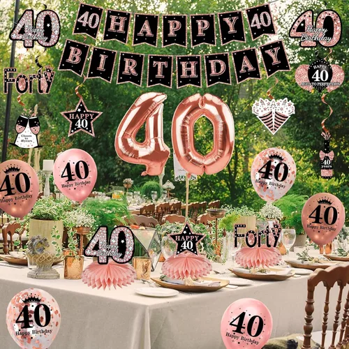 Vista 6 de Turypaty Kit de 34 piezas de decoración de cumpleaños 40 para mujer, globos de feliz cumpleaños de 40 años de oro rosa, centro de mesa, kit
