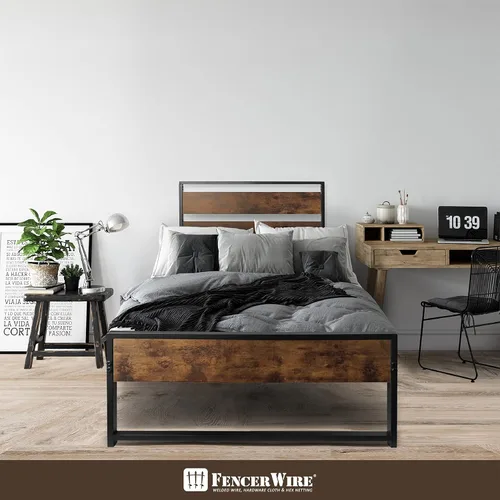 Vista 6 de Fencer Wire Base de cama de metal con cabecera y estribo de madera modernos, base de colchón, plataforma de metal con marco de acero, sin ruido,