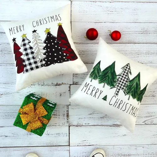 Vista 3 de ONWAY Juego de 2 fundas de almohada de Navidad de 16 x 16 pulgadas, fundas de almohada de Navidad de búfalo rojo a cuadros, color negro y verde Beige
