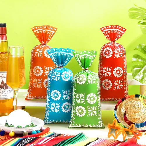 Vista 3 de 100 bolsas mexicanas de celofán para dulces para fiesta, recuerdo Recuerdo de fiesta con 150 lazos rojos, saco de regalo para fiesta
