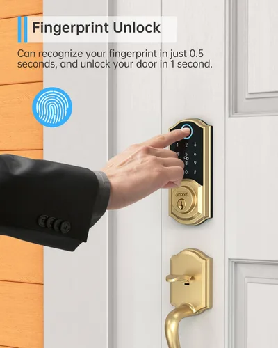 Vista 3 de SMONET Cerradura inteligente de latón con huella dactilar, cerradura de puerta de entrada sin llave con control remoto de aplicación, teclado