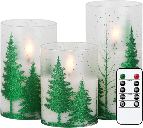 Vista 13 de Velas de Cristal sin Llama de Árbol de Navidad con Control Remoto Temporizador Operadas con Batería Cera Real Mecha 3D LED Parpadeantes Velas