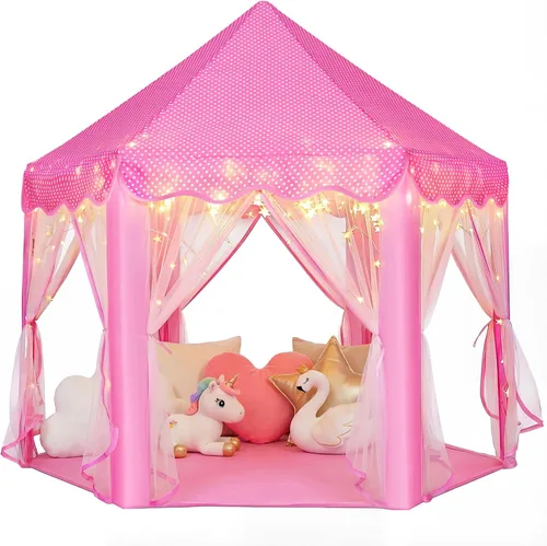 Vista 6 de wilwolfer Tienda de campaña tipo castillo de princesa para niñas, tienda de campaña hexagonal grande para jugar, casa de juegos con luces de Tienda