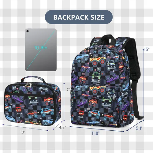 Vista 3 de CAMTOP Mochila para niños y niñas, mochilas preescolares con lonchera, juego de mochila escolar para jardín de infantes (vehículo negro a cuadros)