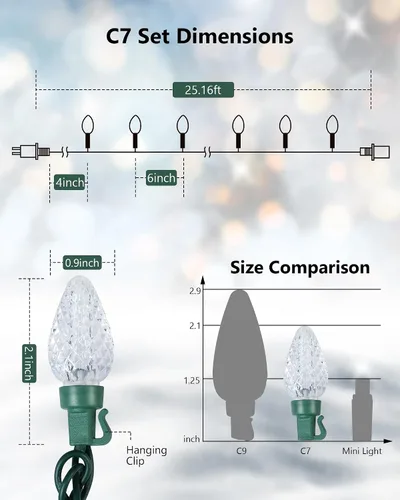 Vista 6 de Juego de 2 luces LED C7 de Navidad, 25.16 pies, 50 luces LED conectables para interiores y exteriores, luces navideñas rojas y blancas para casa