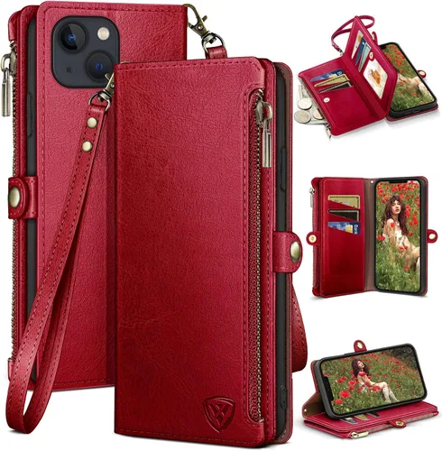 Vista 9 de XcaseBar Funda tipo cartera para iPhone 14 Plus de 6.7 pulgadas con cremallera y tarjetero de crédito [bloqueo RFID], funda de piel sintética