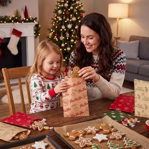 Vista 5 de Pasimy 100 bolsas de papel kraft de Navidad autoadhesivas, a la moda