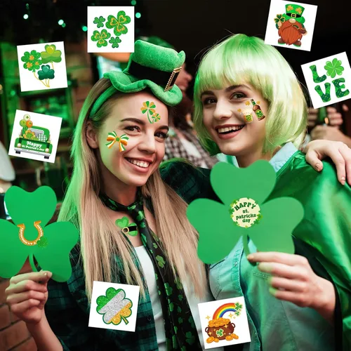 Vista 5 de HOWAF 96 tatuajes temporales del día de San Patricio, calcomanías de tatuaje de trébol con purpurina para decoraciones de fiesta irlandesa, tatuajes