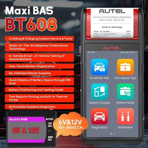 Vista 2 de Autel MaxiBAS BT608 - Probador de batería automotriz (actualización gratuita) y analizador de sistema eléctrico, 6V/12V (100-3000 CCA), conductancia