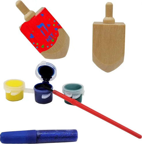 Vista 2 de The Dreidel Company Craft-A-Dreidel, crea tu propia personalización, el kit incluye 2 Dreidels de madera, 3 colores, 1 cepillo, 1 purpurina
