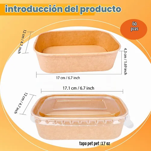 Vista 2 de 60 cuencos desechables de papel kraft a granel, rectángulo, extragrueso, a prueba de fugas, recipiente de alimentos con tapa de plástico