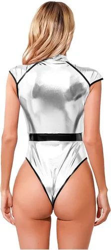 Vista 4 de Sywiyi Traje metálico brillante para mujer, disfraz de Halloween, manga casquillo, con cremallera, tanga, leotardo para fiesta de discoteca