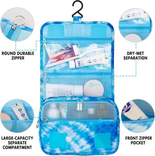 Vista 5 de Bolsa de aseo colgante de tie dye para niñas, bolsa de aseo de viaje para adolescentes, impermeable, para maquillaje y artículos de tocador, bolsa