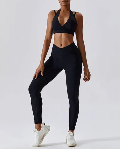 Vista 5 de ABOCIW Conjuntos de entrenamiento para mujer, cuello en V, brasier deportivo, leggings de alta espera con bolsillo, gimnasio, yoga, trajes de 2