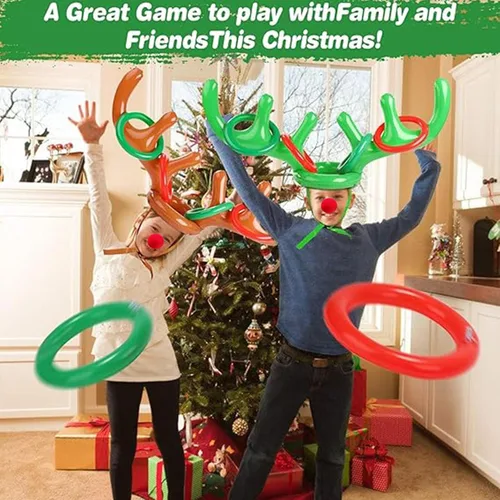 Vista 9 de Juego de 18 piezas de 3 anillos inflables de cornamenta de reno para lanzar juegos de fiesta de Navidad, juguetes familiares para niños, relleno