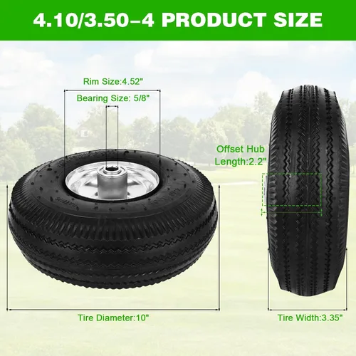 Vista 4 de RRQ Rueda neumática de 10" 4.10/3.50-4 Neumático, ruedas neumáticas de 10" con rodamientos de 5/8", cubo descentrado de 2.2" para carrito de jardín