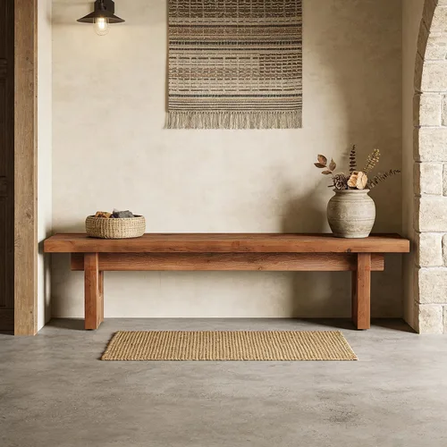 Vista 6 de Banco de madera maciza de 63 pulgadas, banco de comedor extra largo para mesa de cocina, banco de entrada de madera rústica, asiento