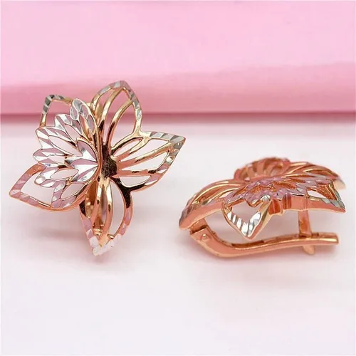 Vista 3 de SAGEKING 2024 New 585 Purple Gold 14K Rose Gold Hollow Out Exquisite Two-Color Flower Earrings For Women Romantic Light Luxury Engagement Jewelry