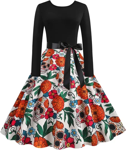 Vista 2 de Disfraces de Halloween para mujer, estampado de moda, manga larga, cuello redondo, vestido casual con dobladillo