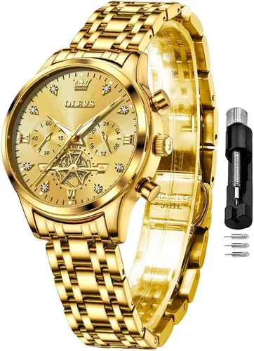 Vista 22 de OLEVS Reloj multifuncional de dos tonos para mujer, reloj analógico de cuarzo para mujer, de acero inoxidable, resistente al agua, con diamantes