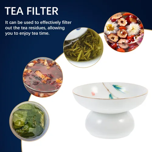 Vista 6 de DOITOOL Colador de filtro de té de cerámica de porcelana con soporte de soporte, juego de utensilios de ceremonia de té chino de Kongfu (estilo 2)
