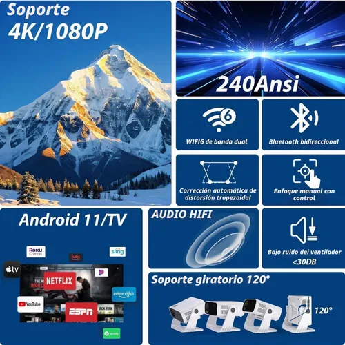 Vista 3 de Wielio Proyector inteligente 2026 Android TV con WiFi 6 y Bluetooth 5.0 integrado más de 1000 aplicaciones 240 ANSI portátil para dormitorio, mini