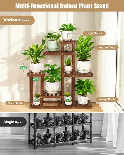 Vista 3 de Soporte para plantas de madera carbonizada, estantes de plantas de 6 niveles para interiores, estante de madera estrecho que ahorra espacio