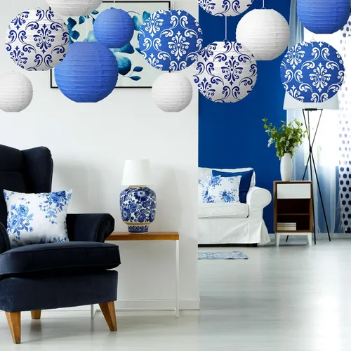 Vista 6 de Bencailor 12 faroles de papel chinoiserie de 12 pulgadas, 10 pulgadas, 8 pulgadas, estampado de porcelana azul y blanca, decoración para colgar